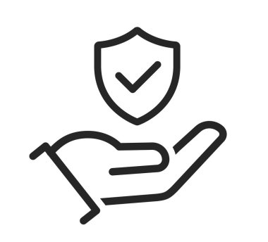 El ikonlarındaki sigorta ayarlandı. Eller sigortalı. Kalkan ve işaret simgesi. Sigorta ve sigorta sembolü. Eller kalkanı düz ve çizgi biçiminde korur - stok vektörü.