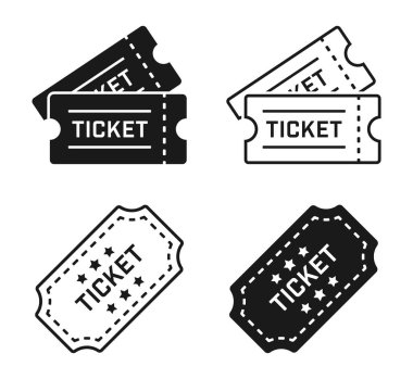 Bilet simgesi ayarlandı. Çift bilet düz stil. Sinema, tiyatro, konser, oyun, parti, olay, festival koleksiyon simgeleri - stok vektörü.