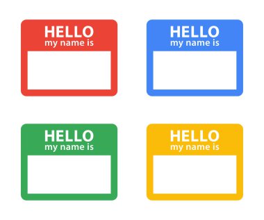 Merhaba, benim adım. Üstünde bir yazı olan etiket etiketi. Merhaba benim adım. Kırmızı, sarı, yeşil, mavi isim etiketi, kartlar - stok vektörü.