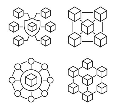 Engelleme teknolojisi simgesi ayarlandı. Ademi merkeziyet, güvenlik, değişmezlik, kripto, para birimi, blok, zincir - hisse senedi vektörü.