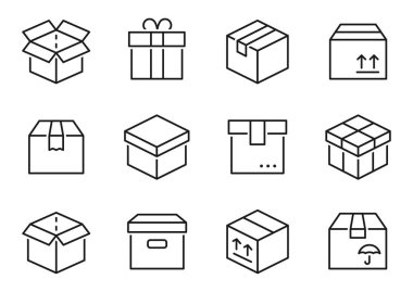 Kutu çizgisi simgesi seti. Teslimat, paket, paketleme, kutular, nakliye, konteyner, hediye - hisse senedi vektörü.