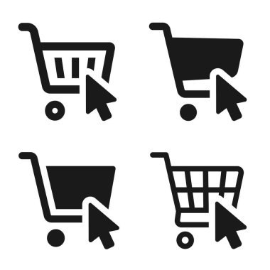 Fare tıklama imleç simgelerine sahip alışveriş arabası ayarlandı. Alışveriş sepeti ikonu koleksiyonu. Alışveriş arabası hattı ve düz ikon. İnternet mağazası sembolü. Web mağazası alışveriş arabası - hisse senedi vektörü.
