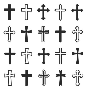 Hıristiyan haç simgesi seti. Din, Latince haç silueti, inanç haçı, haçlar - hisse vektörü.