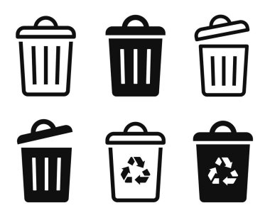 Çöp kutusu simgesi seti. Çöp kutusu, çöp, çöp, geri dönüşüm, sepet, çöp, çöp, konteynır - stok vektörü.