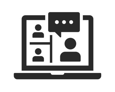 Çevrimiçi konferans simgesi ayarlandı. Video toplantısı, röportaj, dijital iletişim, webinar, aygıt ekranı, seminer - hisse senedi vektörü.