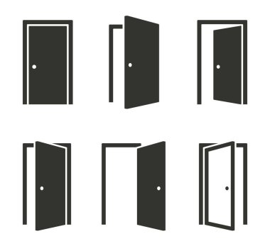 Kapı simgeleri ayarlandı. Aç, kapat ve aralık kapı. Kapı koleksiyonu. Açılan giriş kapısı düz stil - stok vektörü.