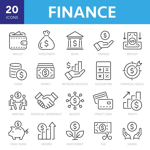 Finans ince çizgi simgesi ayarlandı. Tasarruf, artış ve harcama. Ödemeler unsurları, bütçe, kredi, banka, mevduat, para, kar, domuz bankası - hisse senedi vektörü.
