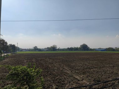 Bulutlu bir gökyüzünün altındaki kahverengi toprak tarlası.