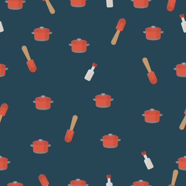 Kırmızı, bej ve beyaz kaplama kaplar, spatulalar ve şişeler içeren koyu mavi bir arka planda kusursuz mutfak malzemesi deseni. Elementler eşit olarak dağılır ve farklı yönlere yönelir, dinamik ve dengeli bir tasarım yaratır.