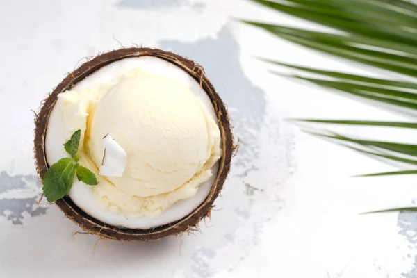 Кокосовое мороженое в половинках кокосовой скорлупы — стоковое фото