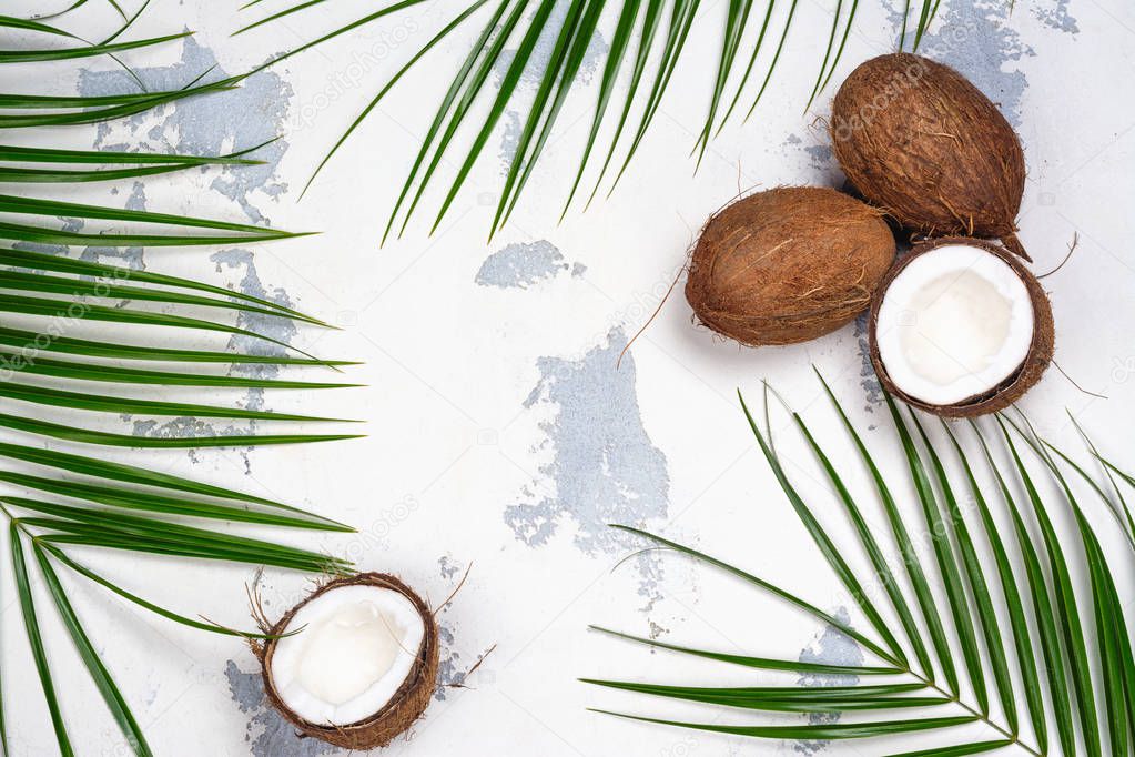 Coconut halves and leaves on white background. Copy space for text