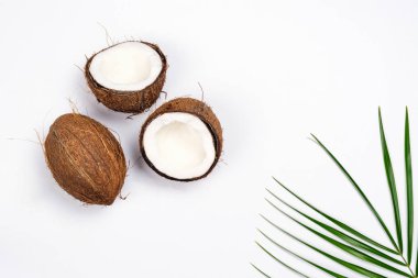 Hindistan cevizi yarısı ve beyaz arka plan yapraklarda