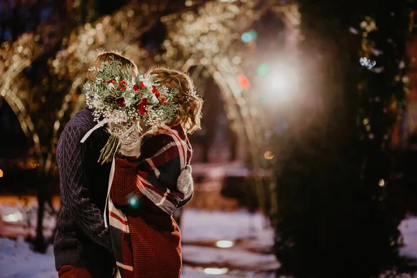 Wedding couple walks in the winter forest — 스톡 사진