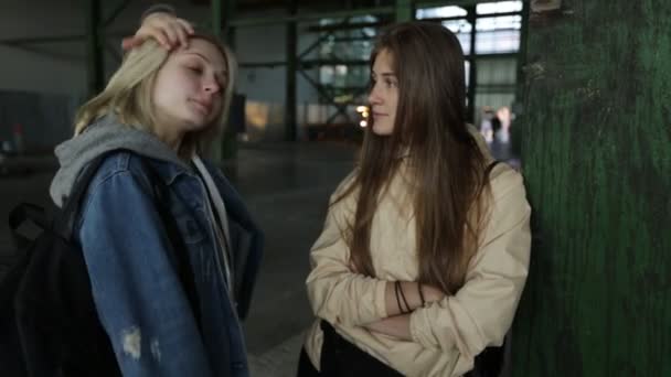 Две Девушки Стоят Ангаре Обсуждают Проект — стоковое видео