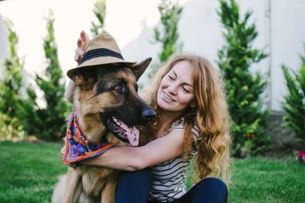 Happy Young Woman Holding Her Funny German Shepherd Dog Hat — Stock Photo, Image