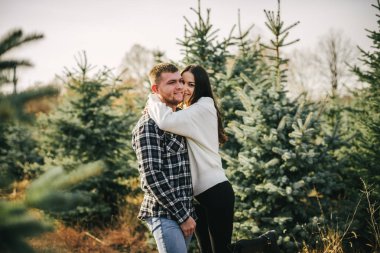 Sarılma n orta açılış köknar ağacının genç çift