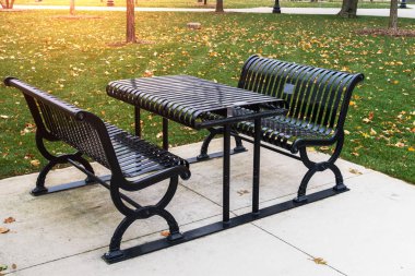 Sonbahar bir kamu park banklar ile şık siyah Metal masa