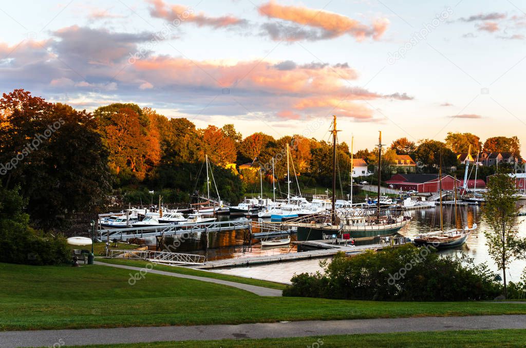 View Harbour and a Waterfront Park at Sunset. Camden, ME, United States