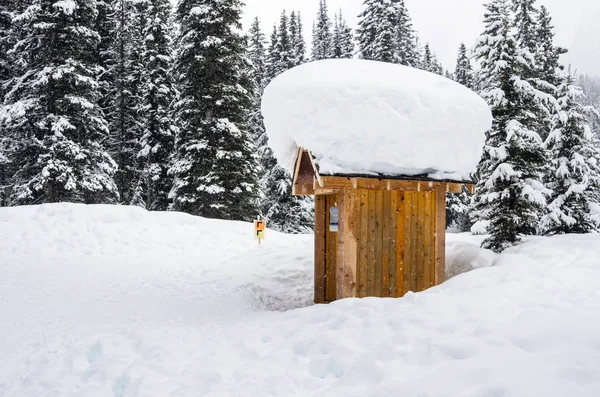 木の小屋は 林道沿いの雪で覆われています レイクルイーズ アルバータ カナダ — ストック写真