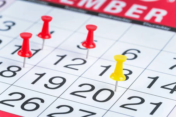 Close Calendar Page Colourful Pushpins — Stock Photo, Image