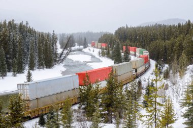 Kargo tren çalıştıran bir kış gününde yoğun kar yağışı sırasında buz dağ Nehri boyunca. Banff Ulusal Parkı, Ab, Kanada.