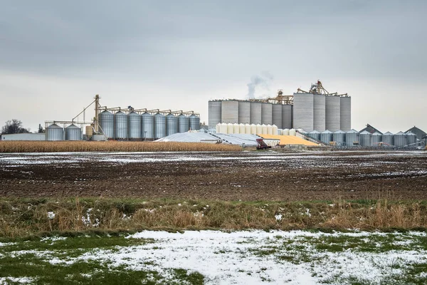 Concrete Silos Currugated Steel Binsfor Grain Storage Countryside Ontario Cloudy — Stock Photo, Image