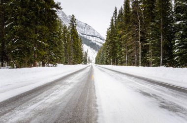 Bulutlu bir kış gününde bir dağ manzarası içinde boş buz gibi orman yolu. Tehlikeli sürüş koşulları. Banff Ulusal Parkı, Ab, Kanada