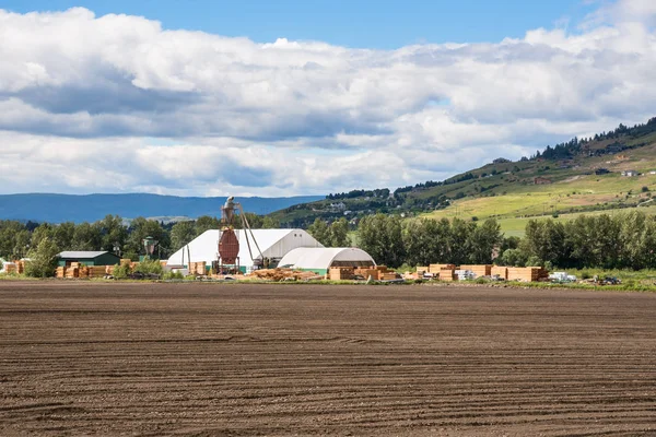 Blick Auf Ein Gepflügtes Feld Mit Einem Sägewerk Hintergrund Der — Stockfoto