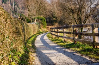 Issız sarma Avusturya kırsal güneşli bir kış sabahı ahşap bir çit ile kaplı yol
