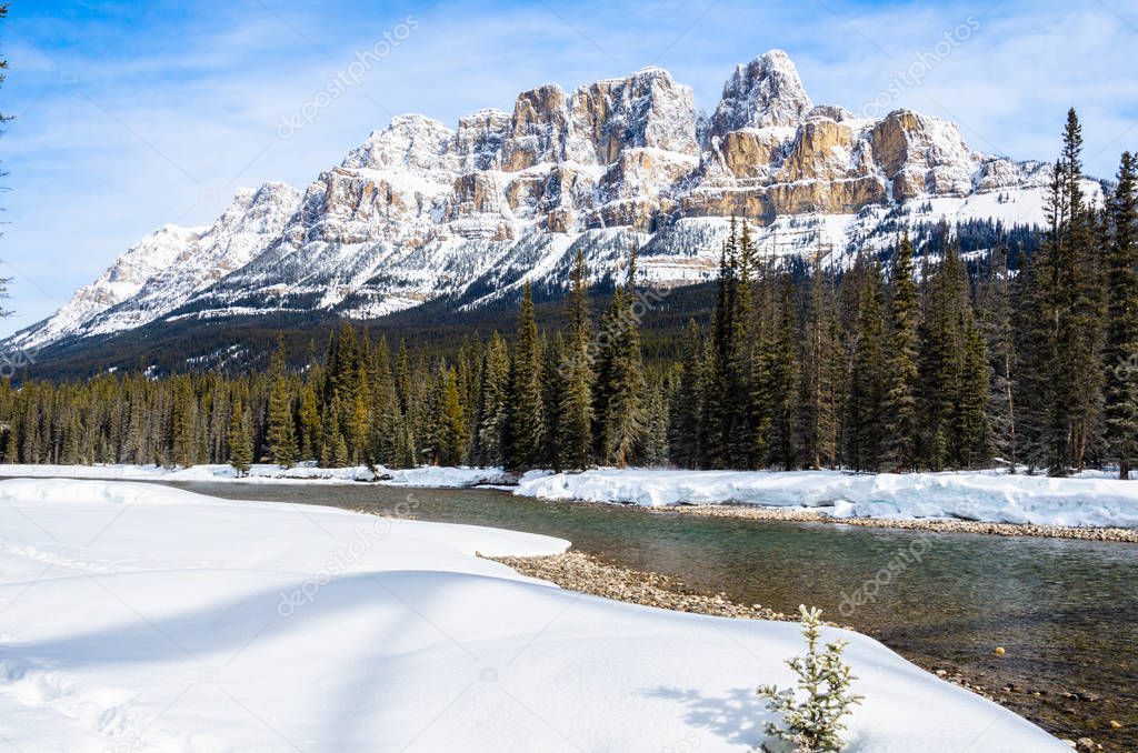 Snow-capped Castle Mountain with the Bow Rivere in Foregroung on a Winter Day. Banff National Park, AB, Canada.