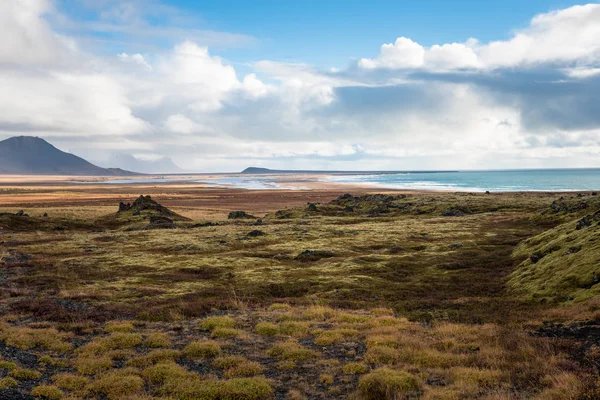 Uder 雲と青空の苔で覆われて溶岩フィールドとアイスランドの海岸の風景 — ストック写真
