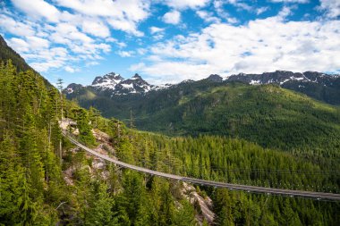 Dağlarda boş bir asma köprü görünümünü güneşli bir yaz gününde. Karla kaplı tepeler arka planda görünür vardır. Squamish, Bc, Kanada.