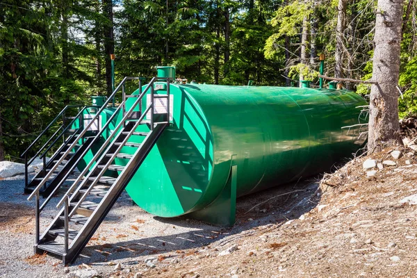 Weergave Van Twee Grote Groene Propaan Tanks Met Pijnbomen Achtergrond — Stockfoto