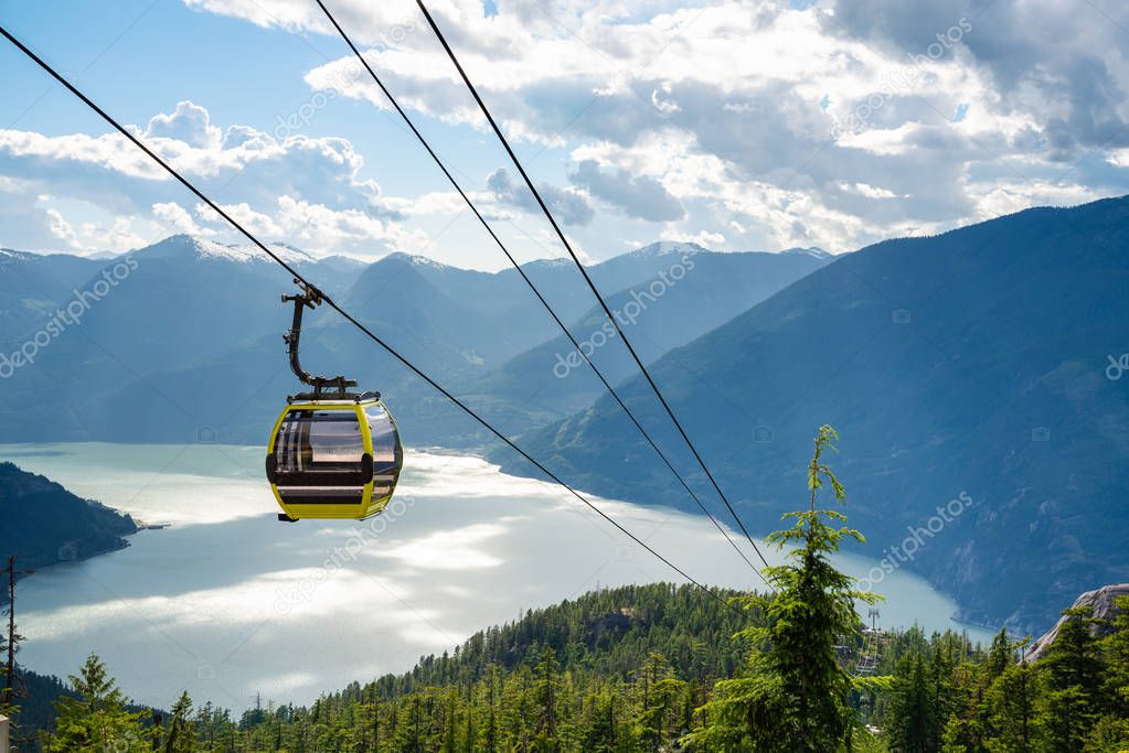 Empty Cable Car with a Magnificent Mountain and Sea Scenery in Background on a Sunny Summer Day. Sqaumish. BC, Canada.