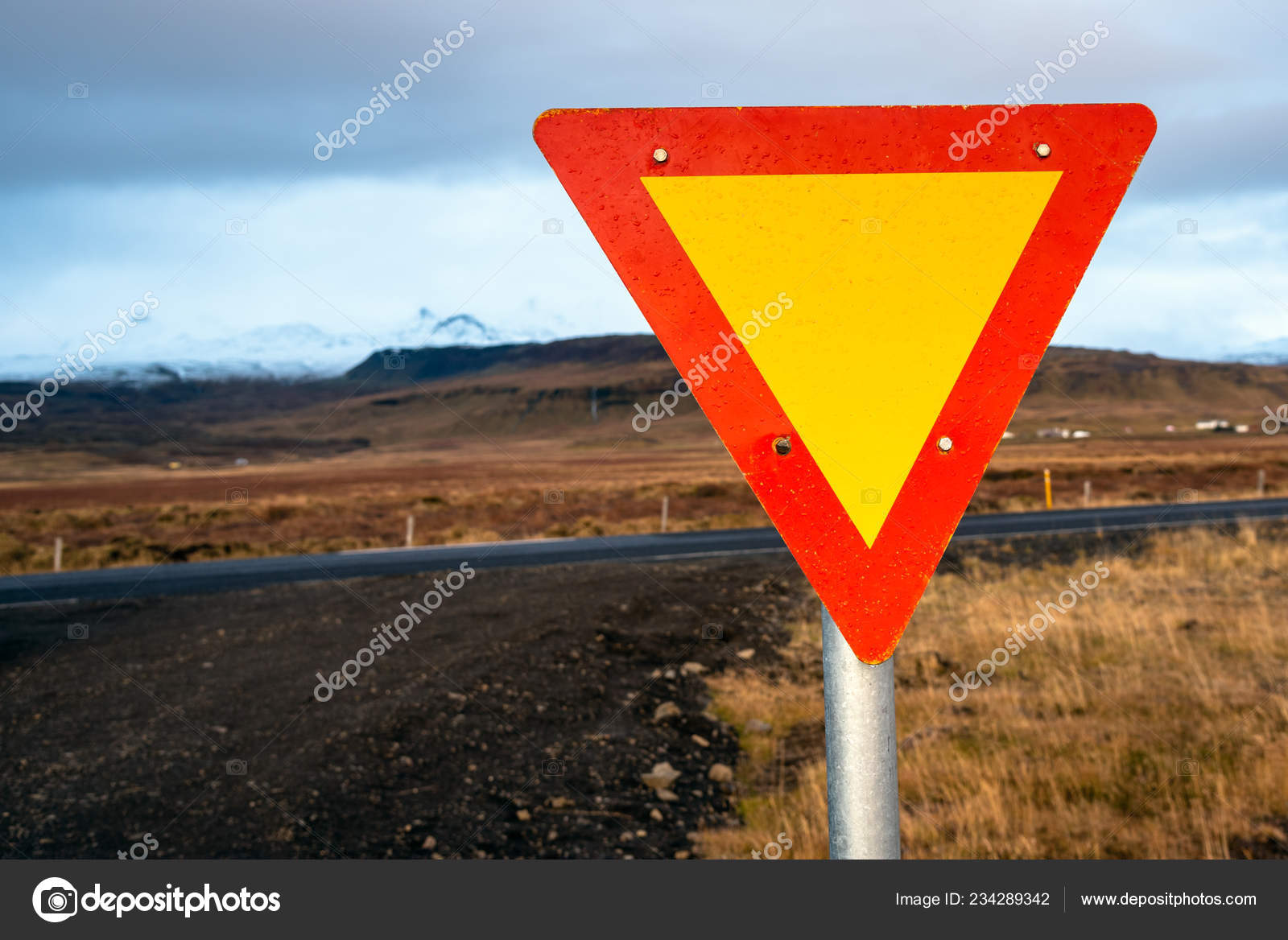 Yellow Red Triangular Give Yield Sign Crossroads Iceland Cloudy Autumn Stock Photo Image By C Alpegor6