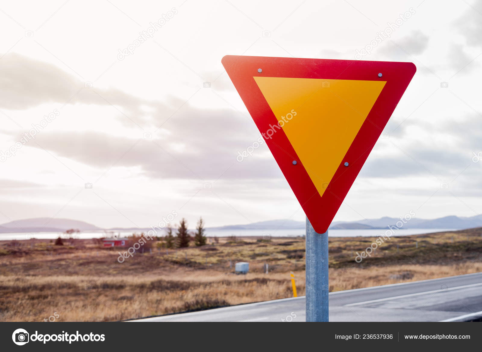 Photo Red Yellow Yield Traffic Sign Countryside Iceand Fall Stock Photo Image By C Alpegor6