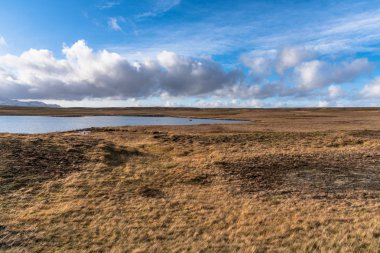 Çimenli düz ve bir göl güneşli bir sonbahar gününde İzlanda bulutlarda ile mavi gökyüzü altında