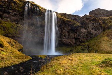 İzlanda'daki bir dağın aşağı bir güneşli sonbahar gününde düşen muhteşem Seljalandsfoss şelale fotoğrafını