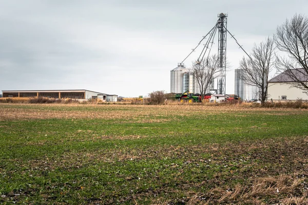Grain Elevator Big Steel Bins Field Countryside Cloudy Autumn Day — Stock Photo, Image