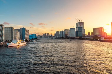 Sumida Nehri ve Tokyo Körfezi 'nin üzerinde kış günbatımı. Tokyo, Japonya.
