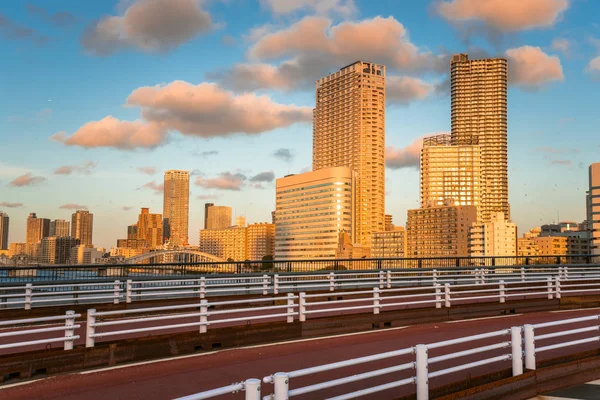 Vue Tokyo Skyline Coucher Soleil Depuis Pont Routier Sur Baie — Photo