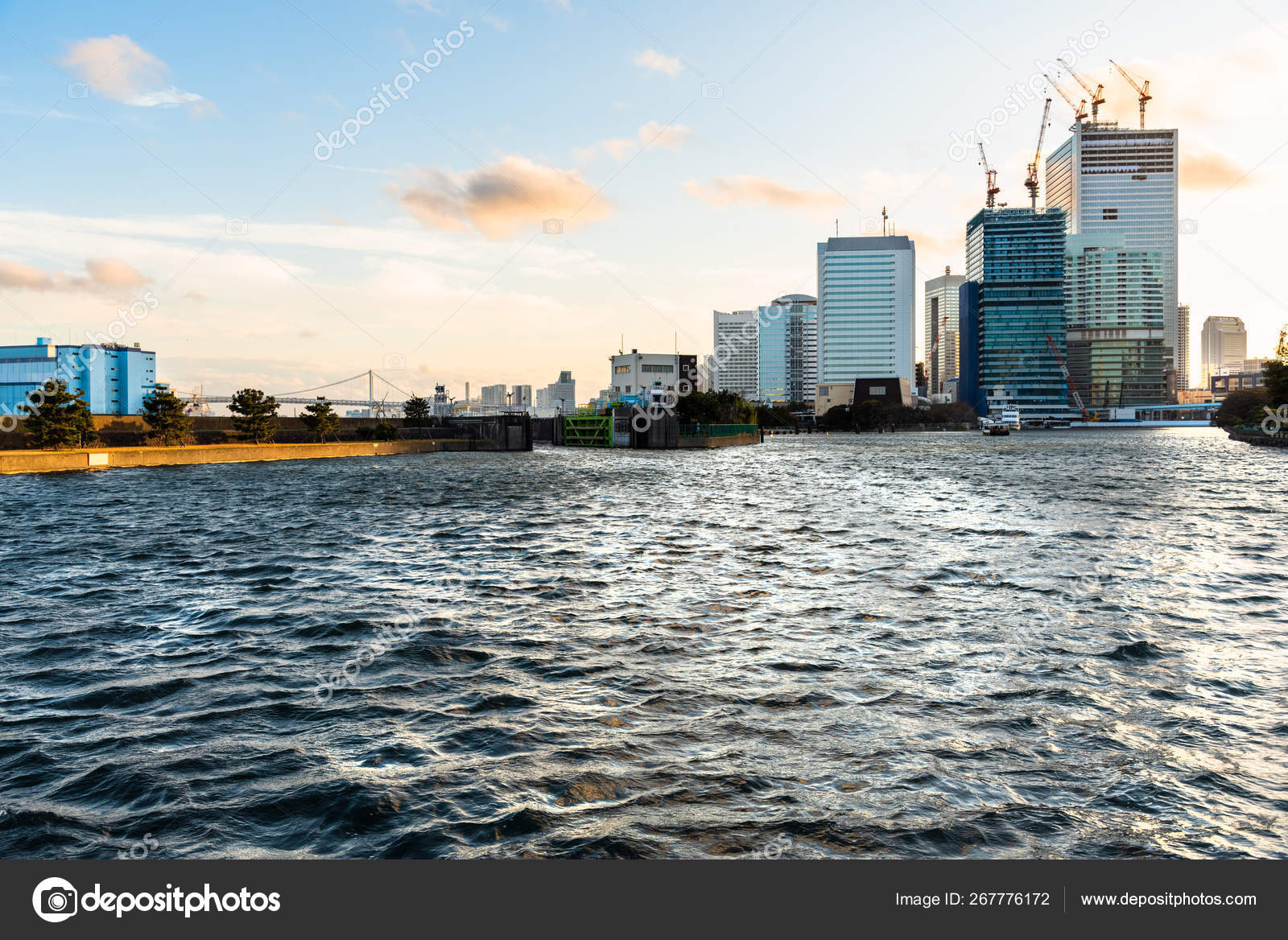 View Tokyo Bay Area Sunset Rainbow Bridge Visible Background Stock Photo C Alpegor6