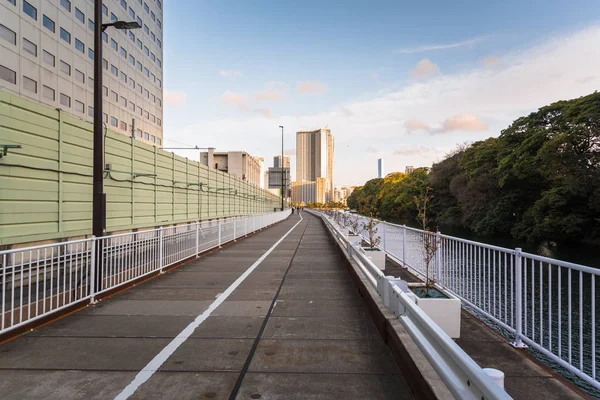 View of a straight path shared between pedestrians and cyclists on Tokyo Waterfront at Sunset. Japan.