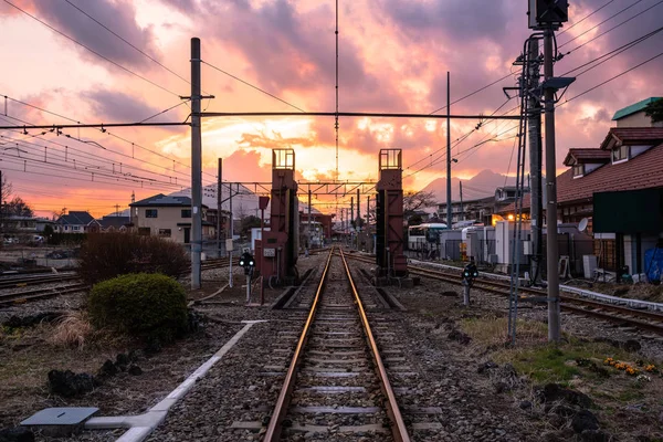 Voie Ferrée Droite Vide Près Une Gare Sunset Fujikawaguchiko Japon — Photo