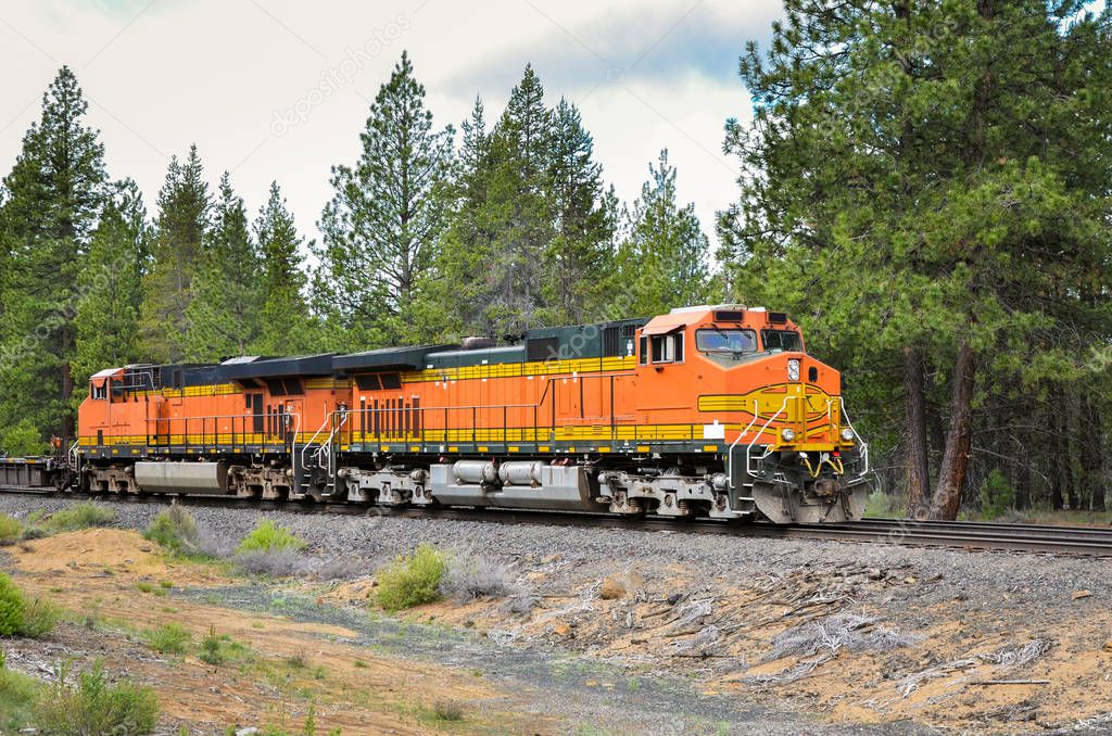 Powerful diesel locomotives on a railway running through a forest. Bend, OR, USA.