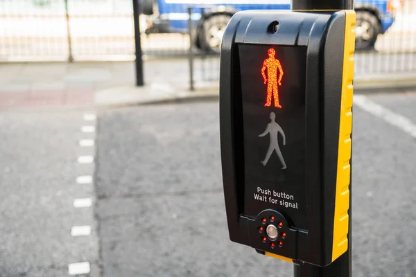 Traffic Light Control Peedestrians Bright Red Illuminated Man Shallow Depth — Stock Photo, Image