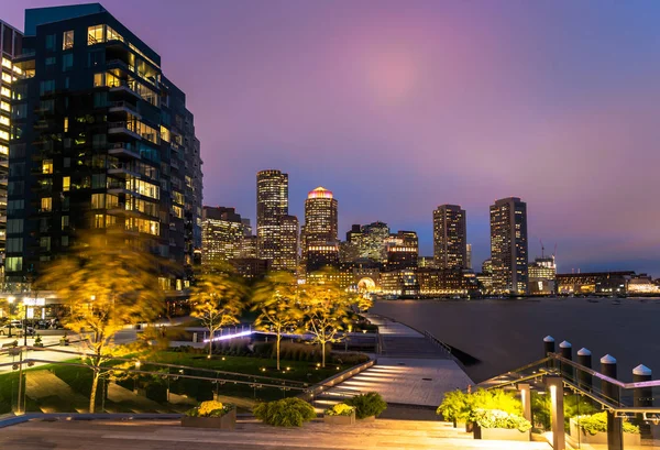 Vue Nuit Boston Skyline Watefront Promenade Portuaire Quartier Seaport — Photo