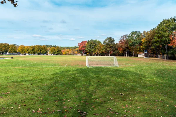 Leerer Fußballplatz Mit Toren Und Netzen Umgeben Von Bunten Bäumen — Stockfoto