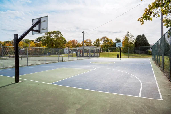 Empty Fenced Basketball Court Public Park Sunny Autumn Morning New Royalty Free Stock Images