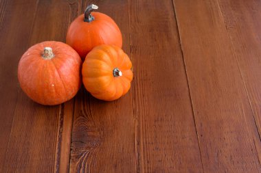 Yıpranmış ahşap bir masanın üzerindeki küçük balkabaklarını kapatın. Seçici odak ve kopyalama alanı.
